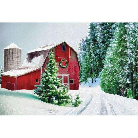 Winter Pines Red Barn Black Modern Wood Framed Art Print with Double Matting by Dogwood Portfolio