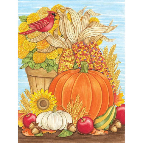 Fall Pumpkin And Cardinal White Modern Wood Framed Art Print by Strain, Deb