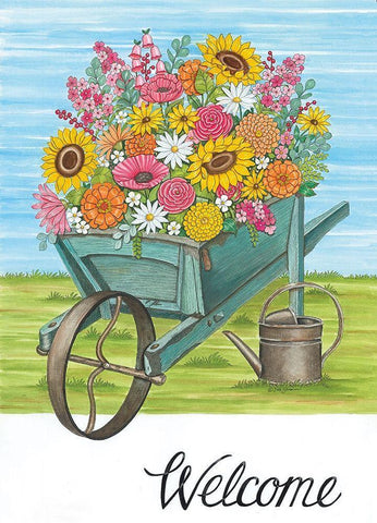 Welcome Wheelbarrow Black Ornate Wood Framed Art Print with Double Matting by Deb Strain