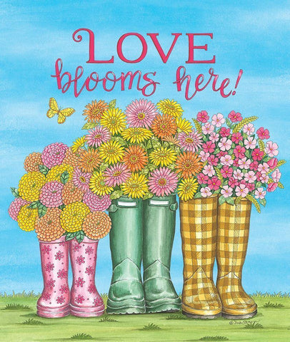 Love Blooms Here Wellies Black Ornate Wood Framed Art Print with Double Matting by Strain, Deb