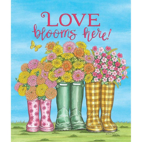 Love Blooms Here Wellies Black Modern Wood Framed Art Print by Strain, Deb