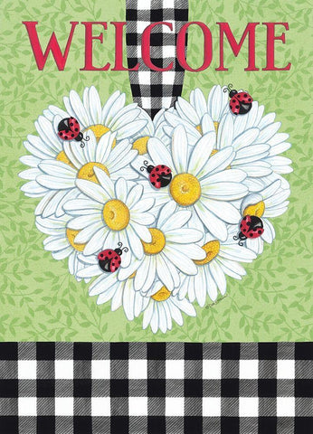 Daisy Heart And Ladybugs White Modern Wood Framed Art Print with Double Matting by Strain, Deb