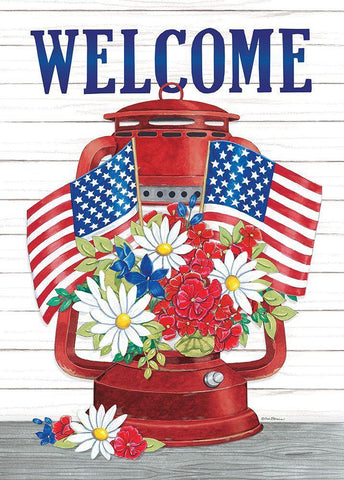 Welcome Patriotic Lantern White Modern Wood Framed Art Print with Double Matting by Strain, Deb