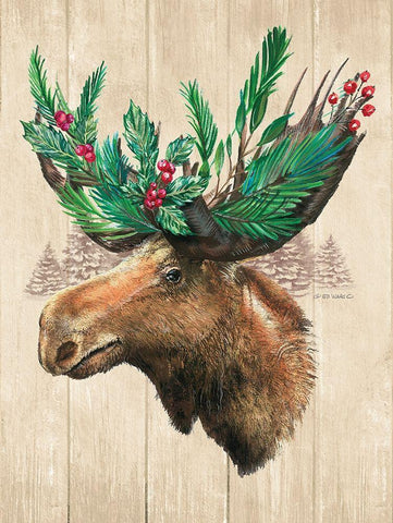 Holiday Moose White Modern Wood Framed Art Print with Double Matting by Wargo, Ed