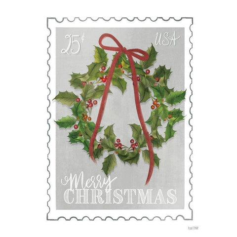 Christmas Stamp Holly Wreath    White Modern Wood Framed Art Print by House Fenway