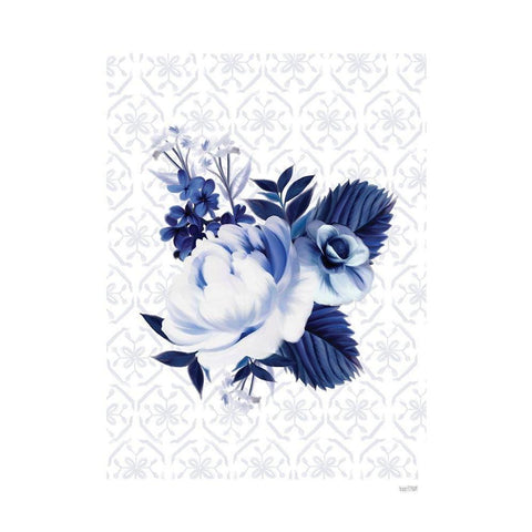 Peony Blossom in Blue Gold Ornate Wood Framed Art Print with Double Matting by House Fenway