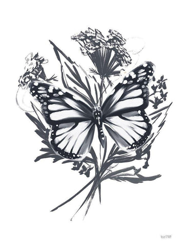 Black And White Butterfly White Modern Wood Framed Art Print with Double Matting by House Fenway