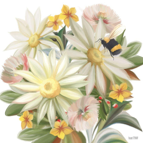 Sunny Floral and Bee Black Modern Wood Framed Art Print with Double Matting by House Fenway