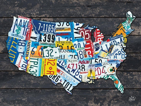 USA License Plate Map Black Ornate Wood Framed Art Print with Double Matting by Hallowell, Britt