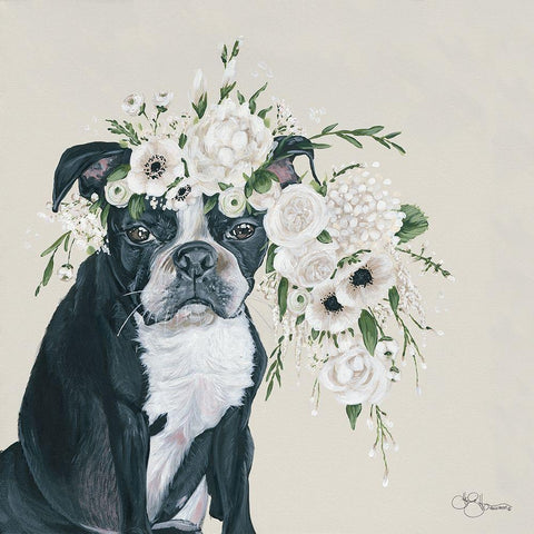 Dog and Flower White Modern Wood Framed Art Print with Double Matting by Holllihocks Art