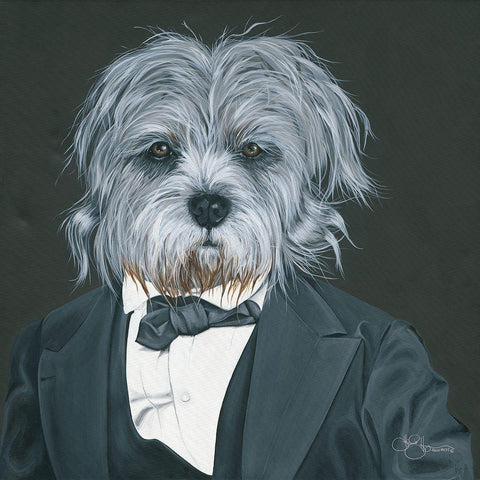 Dog in Suit White Modern Wood Framed Art Print by Holllihocks Art