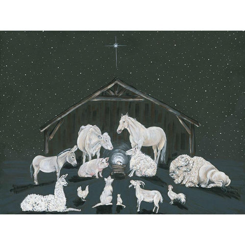 Animal Nativity Scene Black Modern Wood Framed Art Print with Double Matting by Hollihocks Art