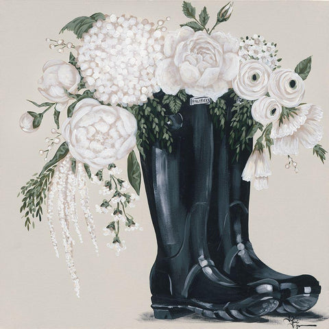 Flowers and Black Boots Black Modern Wood Framed Art Print by Hollihocks Art
