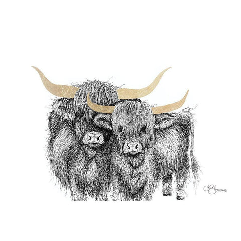 Highland Cattle Gold Ornate Wood Framed Art Print with Double Matting by Hollihocks Art