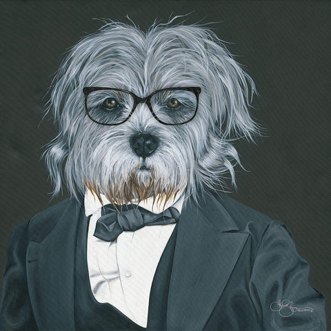 Dog in Suit     White Modern Wood Framed Art Print by Hollihocks Art