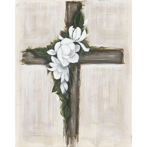 Magnolia Flowered Cross Black Modern Wood Framed Art Print with Double Matting by Hollihocks Art