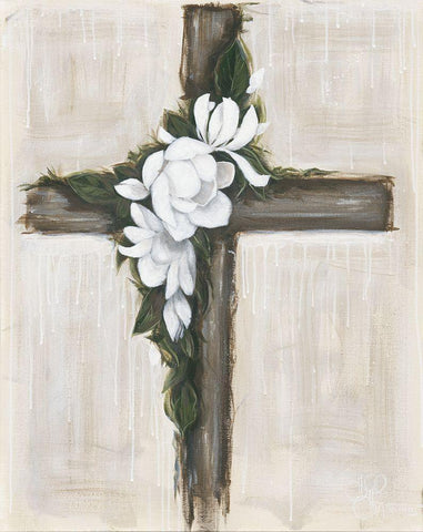 Magnolia Flowered Cross White Modern Wood Framed Art Print with Double Matting by Hollihocks Art