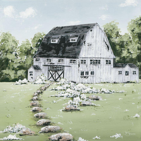 White Barn in the Field   Gold Ornate Wood Framed Art Print with Double Matting by Hollihocks Art