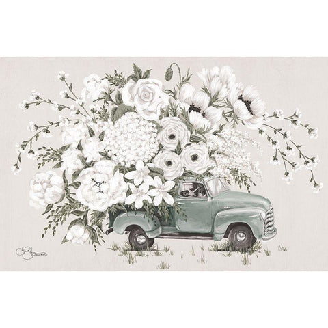 White Floral Truck    Black Modern Wood Framed Art Print by Hollihocks Art