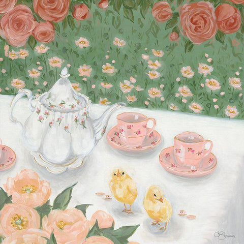 Tea Party White Modern Wood Framed Art Print with Double Matting by Hollihocks Art