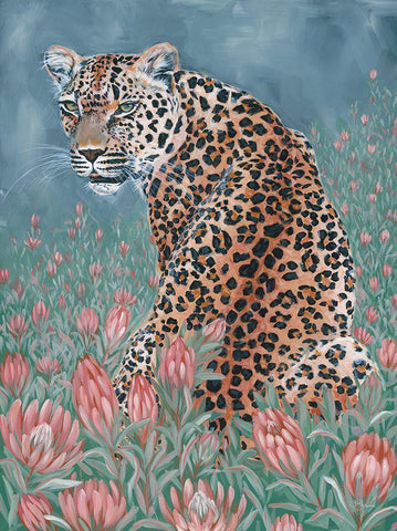 Leopard in the Flowers White Modern Wood Framed Art Print with Double Matting by Hollihocks Art