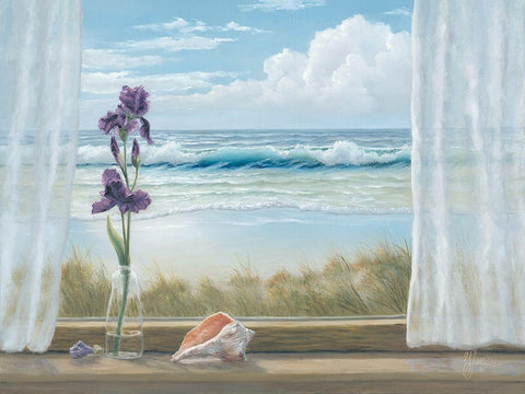 Irises on Windowsill White Modern Wood Framed Art Print with Double Matting by Janisse, Georgia