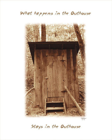 What Happens in the Outhouse White Modern Wood Framed Art Print with Double Matting by Jones, John