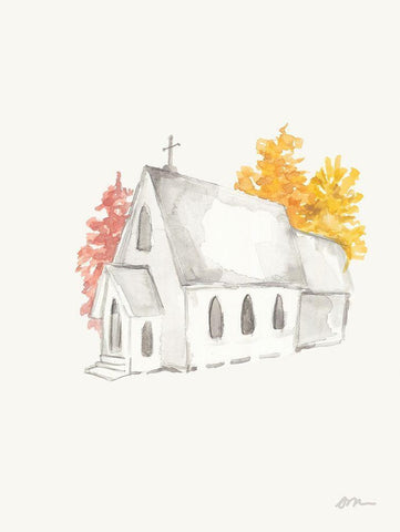 Autumn Church White Modern Wood Framed Art Print with Double Matting by Mingo, Jessica