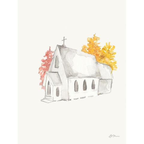 Autumn Church White Modern Wood Framed Art Print by Mingo, Jessica