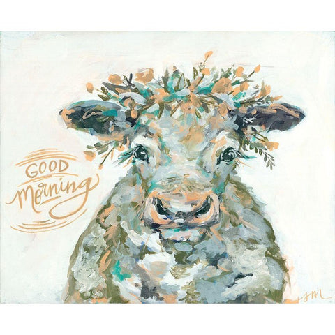 Good Morning Cow White Modern Wood Framed Art Print by Mingo, Jessica
