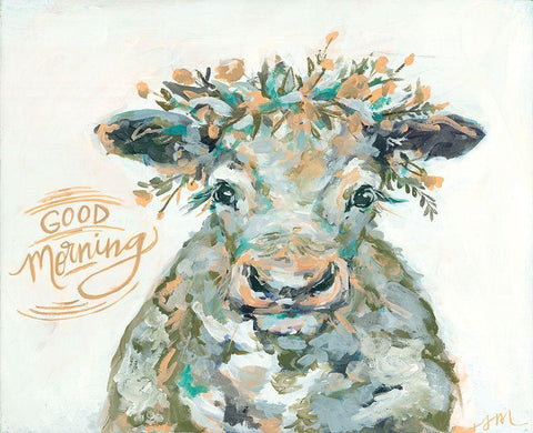 Good Morning Cow White Modern Wood Framed Art Print with Double Matting by Mingo, Jessica