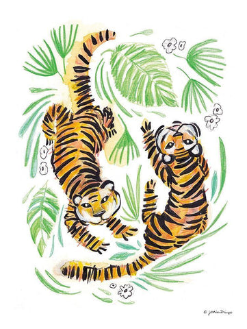 Playful Tigers White Modern Wood Framed Art Print with Double Matting by Mingo, Jessica