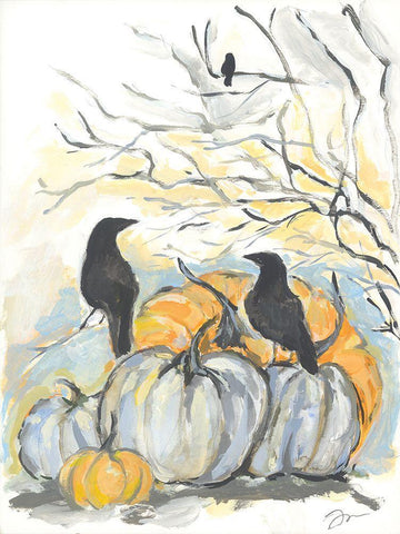 Crows in the Pumpkin Patch White Modern Wood Framed Art Print with Double Matting by Mingo, Jessica