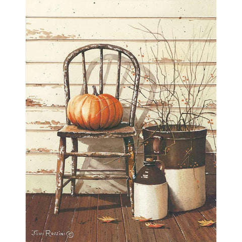 Pumpkin and Chair White Modern Wood Framed Art Print by Rossini, John