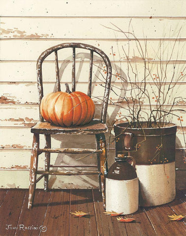 Pumpkin and Chair White Modern Wood Framed Art Print with Double Matting by Rossini, John