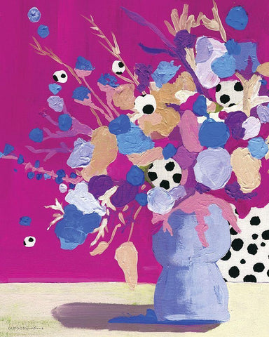 Magenta Polka Dot Floral White Modern Wood Framed Art Print with Double Matting by Kamdon Kreations