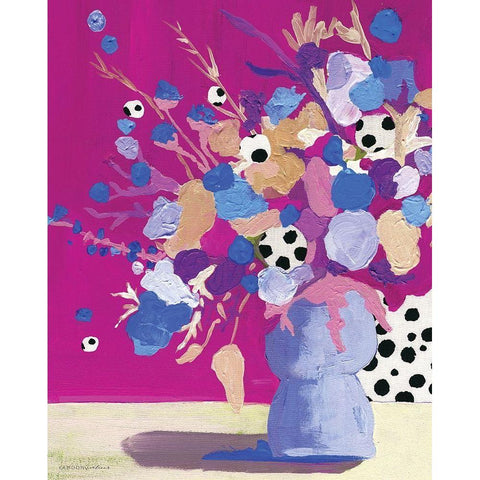 Magenta Polka Dot Floral Black Modern Wood Framed Art Print by Kamdon Kreations