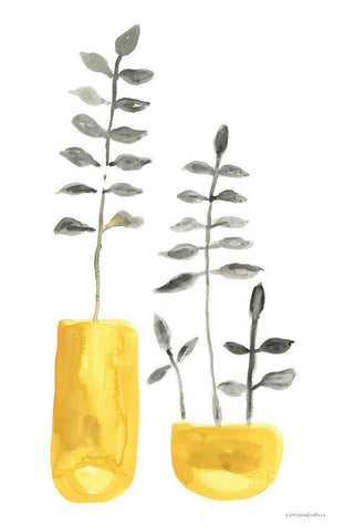 Fern in Mustard Vase 2 Black Ornate Wood Framed Art Print with Double Matting by Kamdon Kreations