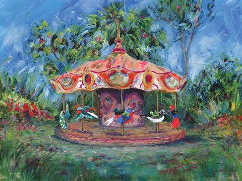 Birdie Go Round White Modern Wood Framed Art Print with Double Matting by Kamdon Kreations