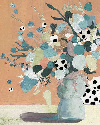 Peach Polka Dot Floral White Modern Wood Framed Art Print with Double Matting by Kamdon Kreations