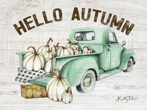 Hello Autumn Vintage Truck White Modern Wood Framed Art Print with Double Matting by Talent, Kelley