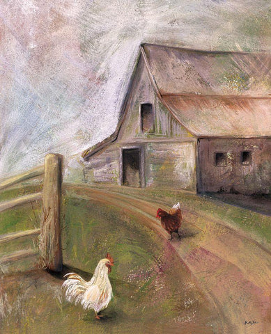 Chickens in the Barnyard White Modern Wood Framed Art Print with Double Matting by Talent, Kelley