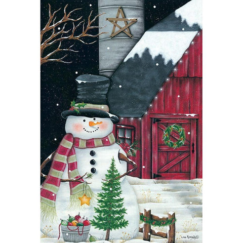 Barn And Snowman Black Modern Wood Framed Art Print with Double Matting by Kennedy, Lisa