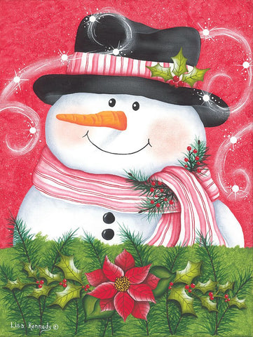 Snowman And Poinsettia White Modern Wood Framed Art Print with Double Matting by Kennedy, Lisa