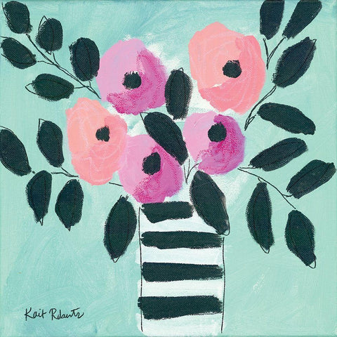 Blooms and Stripes Black Modern Wood Framed Art Print with Double Matting by Roberts, Kait