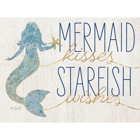 Mermaid Kisses Starfish Wishes Black Modern Wood Framed Art Print with Double Matting by Sherrill, Kate