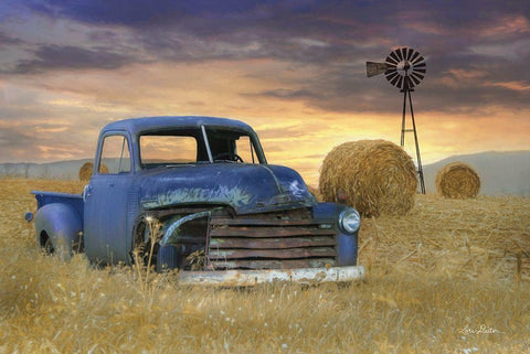 Old Chevy with Windmill White Modern Wood Framed Art Print with Double Matting by Deiter, Lori