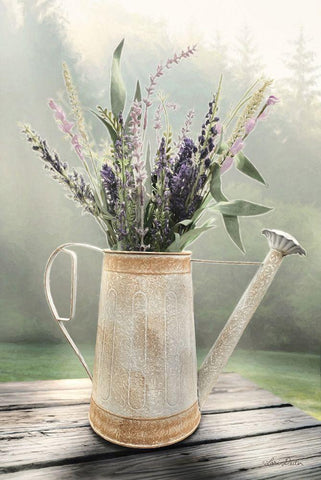 Lavender Watering Can Black Ornate Wood Framed Art Print with Double Matting by Deiter, Lori