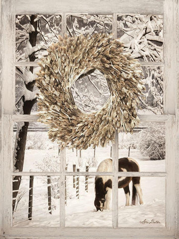 Winter Horse Window View Black Ornate Wood Framed Art Print with Double Matting by Deiter, Lori