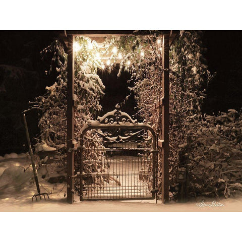 Snowy Garden Gate Gold Ornate Wood Framed Art Print with Double Matting by Deiter, Lori